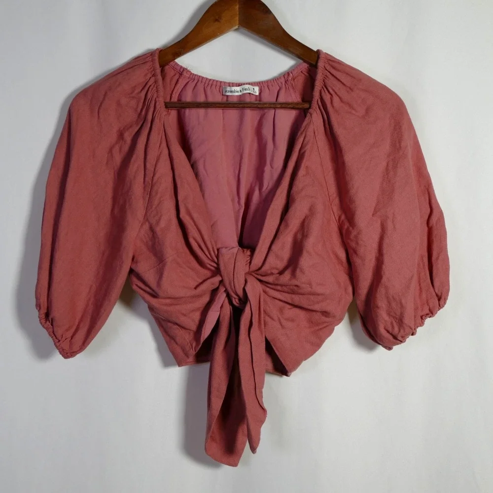 Abercrombie Fitch Women Puff Sleeve Coquette Crop Top Size M Linen Blend Cottage